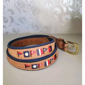 ZEPPELIN Men's Belt Solid Brass Buckle Blue/Brown Multicolor Flag Print Size 42